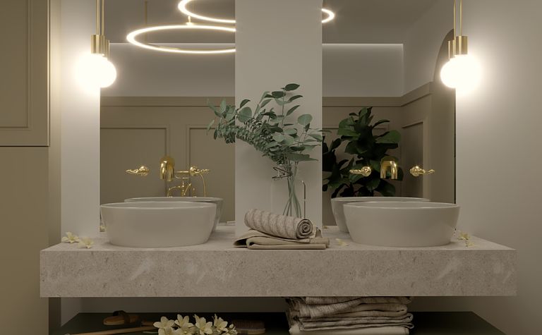 Klasyczna, elegancka łazienka z zielonymi elementami.