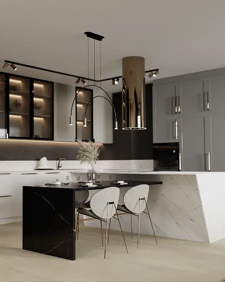 Nowoczesna kuchnia z czarnym blatem i białymi meblami, podświetleniem i stylowym oświetleniem.