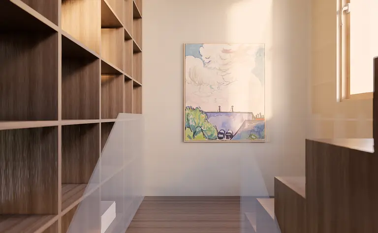 Wnętrze w stylach japandi i minimalistycznym z drewnianymi regałami oraz obrazem.