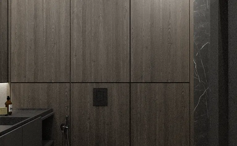 Nowoczesna łazienka z drewnianymi panelami i minimalistycznym wykończeniem