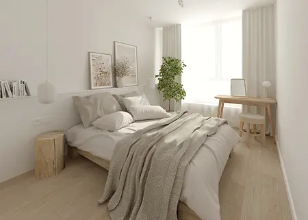 Sypialnia w stylu boho i soft minimalizm z drewnianym łóżkiem i rośliną