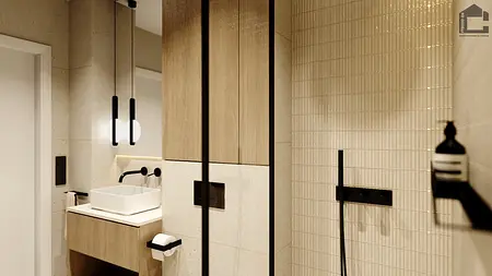 Nowoczesna łazienka z minimalistycznym wystrojem, drewnianymi meblami i eleganckimi akcesoriami.