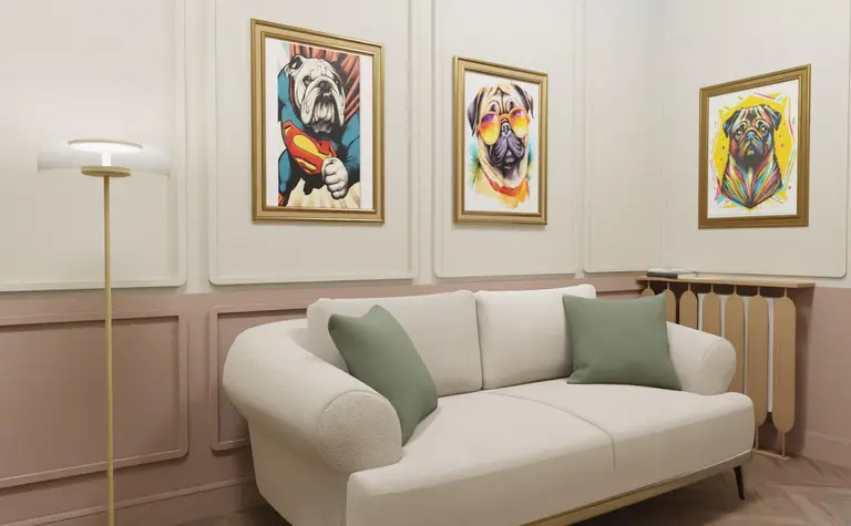 Salon z jasną sofą, lampą i kolorowymi obrazami w stylu nowoczesnym i vintage.