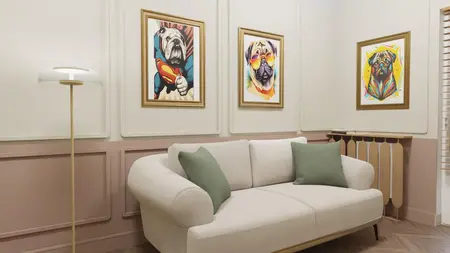 Salon z jasną sofą, lampą i kolorowymi obrazami w stylu nowoczesnym i vintage.