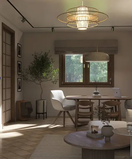 Wnętrze jadalni w stylu minimalistycznym, nowoczesnym i skandynawskim z drewnianym stołem.
