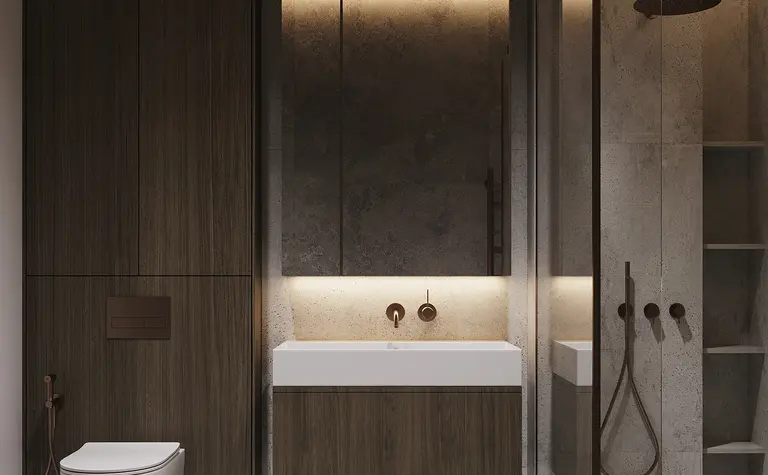 Stylowa łazienka w stylu japandi z drewnem i minimalizmem