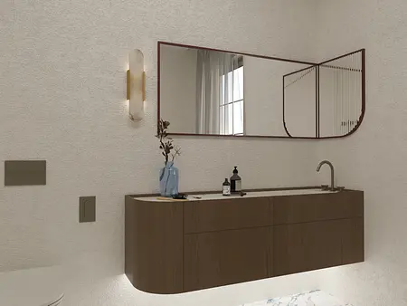 Wnętrze łazienki w stylu soft minimalizm i vintage z drewnianymi akcentami.