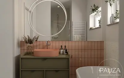 Nowoczesna łazienka z różową umywalką i vintage dodatkami
