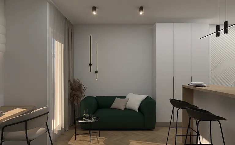 Wnętrze salonu z zieloną sofą, minimalistycznymi akcentami i nowoczesnym oświetleniem.