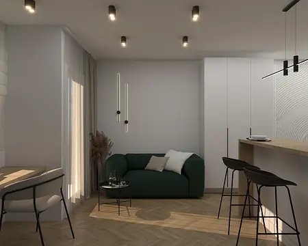 Wnętrze salonu z zieloną sofą, minimalistycznymi akcentami i nowoczesnym oświetleniem.