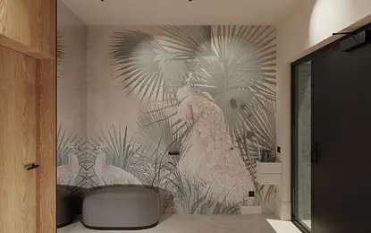 Przedpokój z nowoczesnym muralem roślinnym i drewnianymi akcentami.