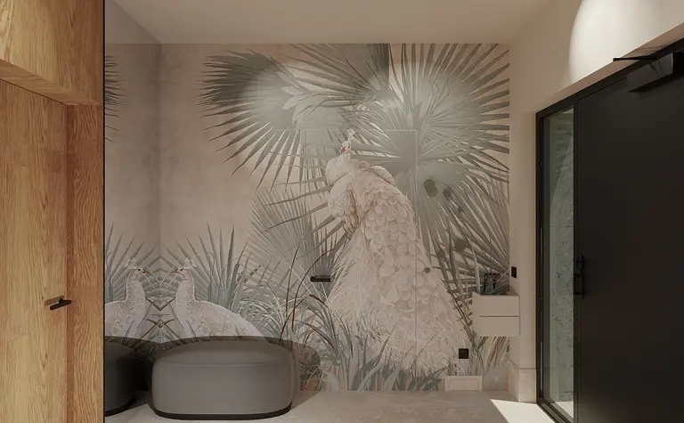 Przedpokój z nowoczesnym muralem roślinnym i drewnianymi akcentami.