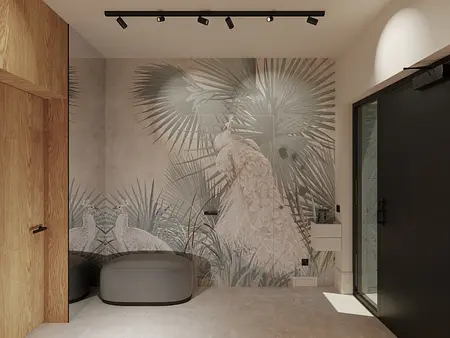 Przedpokój z nowoczesnym muralem roślinnym i drewnianymi akcentami.