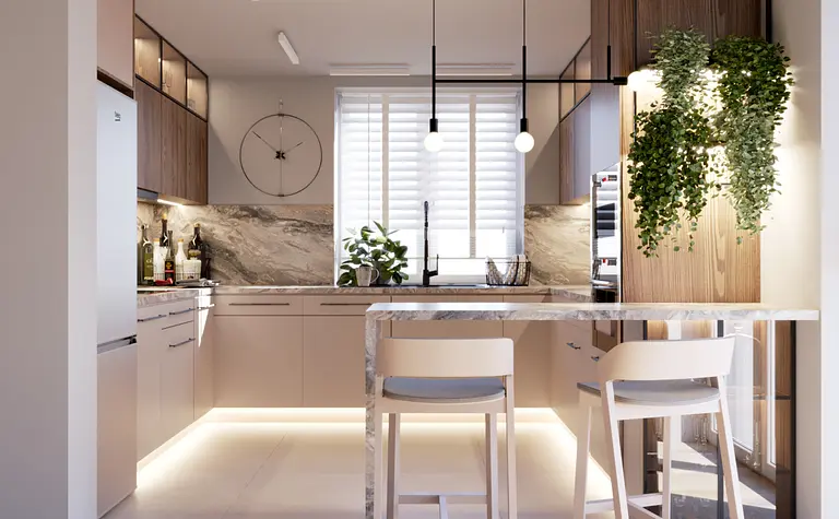 Kuchnia w stylu minimalistycznym z drewnianymi meblami i nowoczesnym oświetleniem.