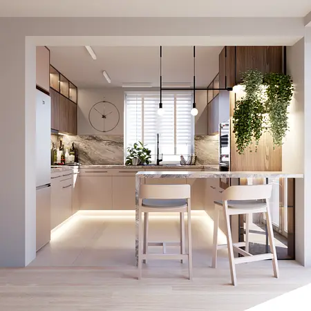 Kuchnia w stylu minimalistycznym z drewnianymi meblami i nowoczesnym oświetleniem.