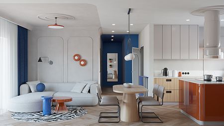 Wnętrze kuchni z szarymi meblami, drewnianym blatem i akcentami eklektycznymi.