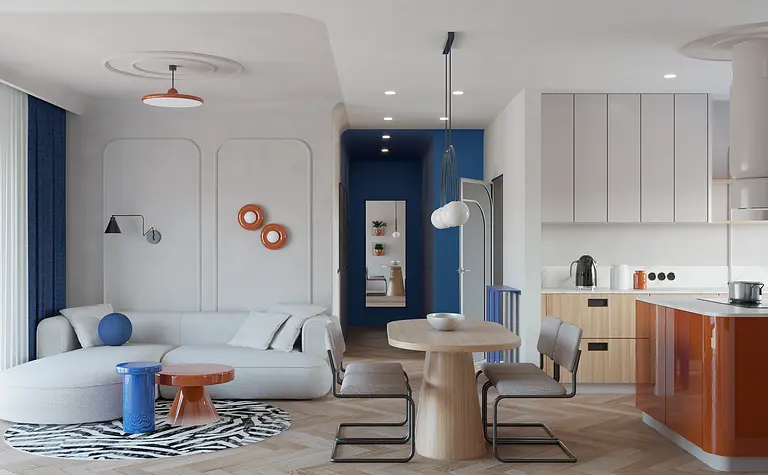 Wnętrze kuchni z szarymi meblami, drewnianym blatem i akcentami eklektycznymi.