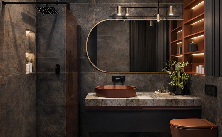 Nowoczesna łazienka z eklektycznymi akcentami, industrialnymi elementami i oświetleniem.