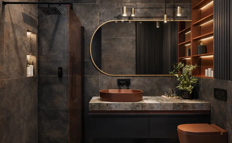 Nowoczesna łazienka z eklektycznymi akcentami, industrialnymi elementami i oświetleniem.