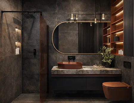 Nowoczesna łazienka z eklektycznymi akcentami, industrialnymi elementami i oświetleniem.