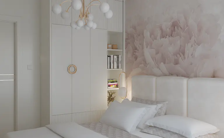 Sypialnia w stylu glamour z białymi meblami i eleganckimi detalami.