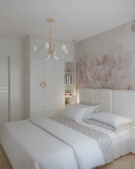 Sypialnia w stylu glamour z białymi meblami i eleganckimi detalami.