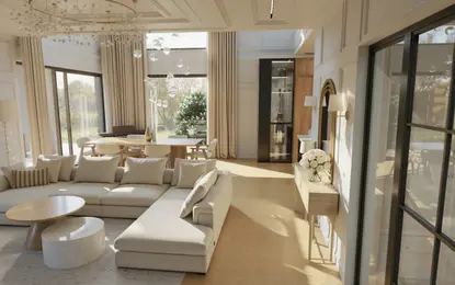Wnętrze salonu w stylu boho, eklektycznym i nowoczesnym z jasnymi meblami.