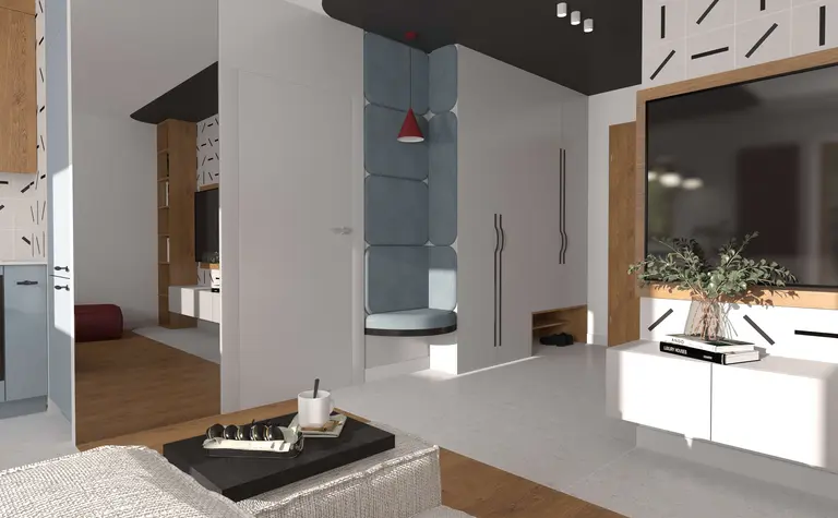 Wnętrze z niebieską kanapą, drewnianymi meblami i stylem dopamine decor.