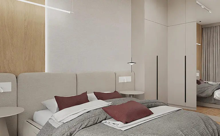 Wnętrze sypialni w stylu japandi z minimalistycznym wystrojem, nowoczesnymi meblami.