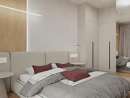 Wnętrze sypialni w stylu japandi z minimalistycznym wystrojem, nowoczesnymi meblami.