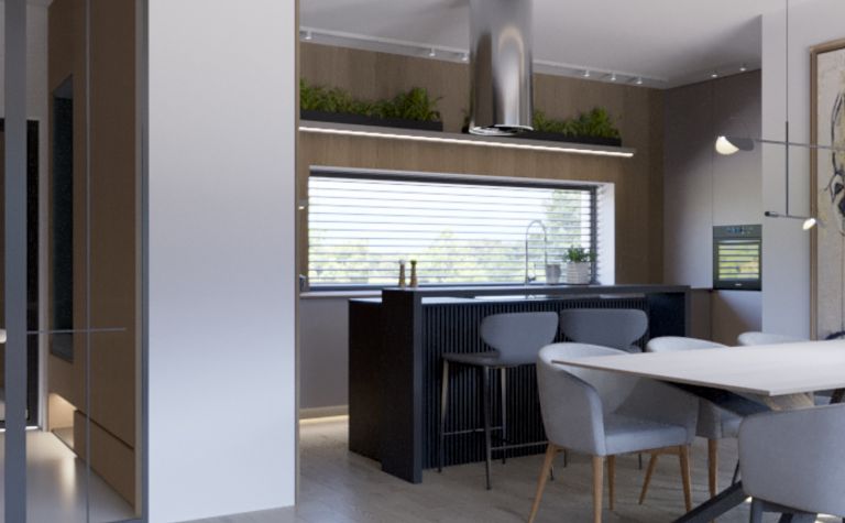 Wnętrze nowoczesnej kuchni z drewnianą podłogą i białymi meblami, współczesny design.