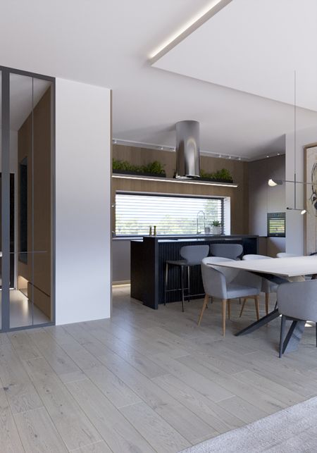 Wnętrze nowoczesnej kuchni z drewnianą podłogą i białymi meblami, współczesny design.