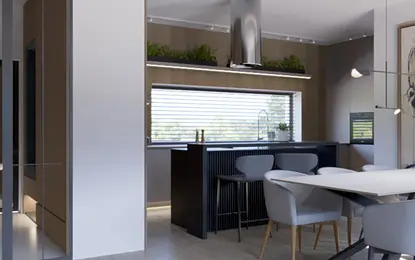 Wnętrze nowoczesnej kuchni z drewnianą podłogą i białymi meblami, współczesny design.