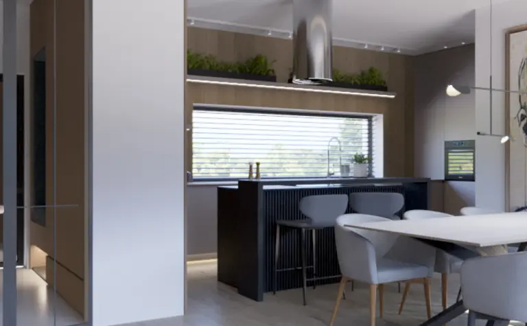 Wnętrze nowoczesnej kuchni z drewnianą podłogą i białymi meblami, współczesny design.