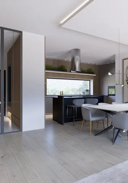 Wnętrze nowoczesnej kuchni z drewnianą podłogą i białymi meblami, współczesny design.