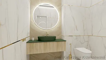Nowoczesna łazienka z zieloną umywalką i marmurowymi ścianami.