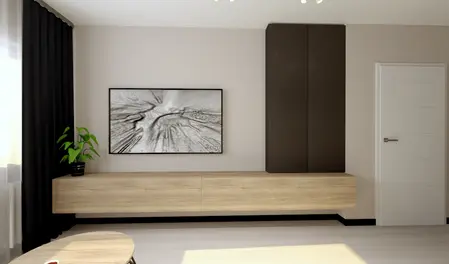 Współczesny salon z drewnianą szafką, obrazem i rośliną.