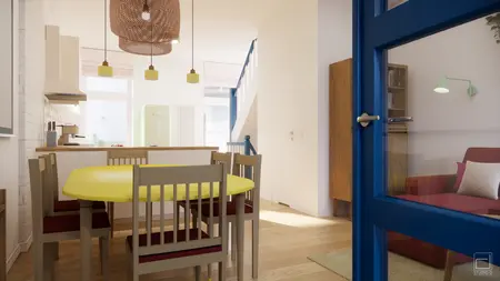 Jadalnia w stylu dopamine decor, eklektycznym i skandynawskim z żółtym stołem.