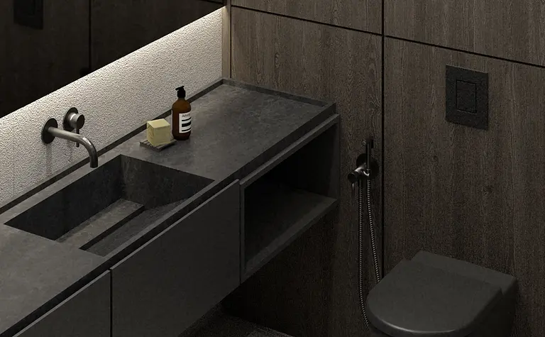 Nowoczesna łazienka z minimalistycznym designem, ciemnymi meblami i drewnianymi detalami.