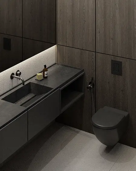 Nowoczesna łazienka z minimalistycznym designem, ciemnymi meblami i drewnianymi detalami.