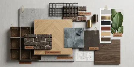 Moodboard w stylu industrialnym i współczesnym: cegła, dębowe drewno, beton i metal w aranżacji wnętrza