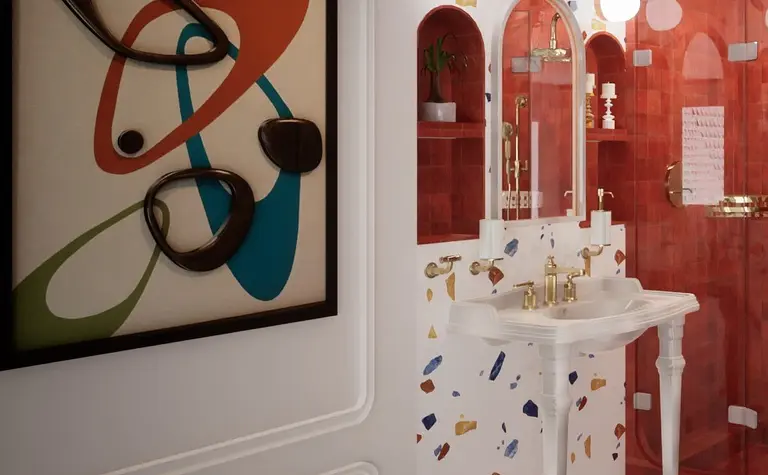Łazienka w stylu art deco z eklektycznymi akcentami i dopamine decor.