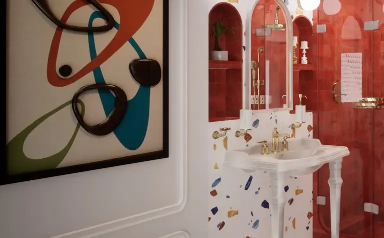 Łazienka w stylu art deco z eklektycznymi akcentami i dopamine decor.