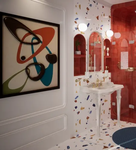 Łazienka w stylu art deco z eklektycznymi akcentami i dopamine decor.