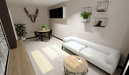 Współczesne wnętrze z białą sofą, drewnianym stołem i roślinami.