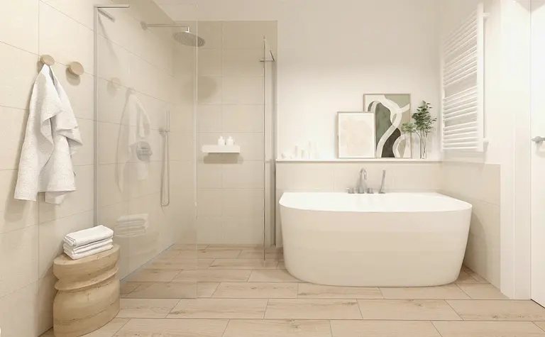 Nowoczesna łazienka z białą wanną, prysznicem w stylu boho i detalami soft minimalizmu.