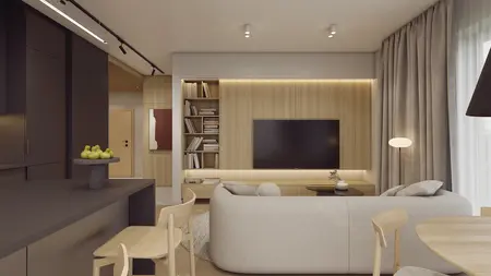 Wnętrze salonu w stylu japandi i minimaluxe z jasnymi meblami.