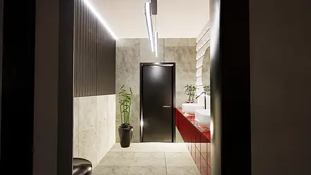 Wnętrze łazienki z nowoczesnymi elementami, minimalistycznym designem i współczesnymi akcentami.