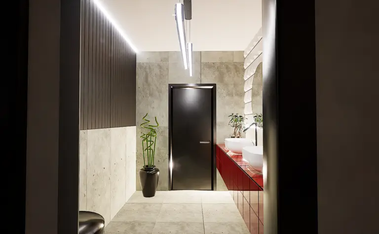 Wnętrze łazienki z nowoczesnymi elementami, minimalistycznym designem i współczesnymi akcentami.
