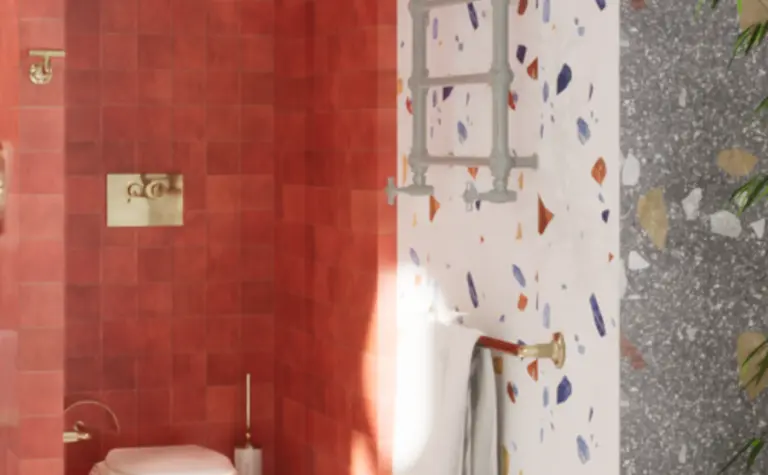 Łazienka w stylu art deco, dopamine decor, eklektyczny z czerwoną i białą mozaiką.